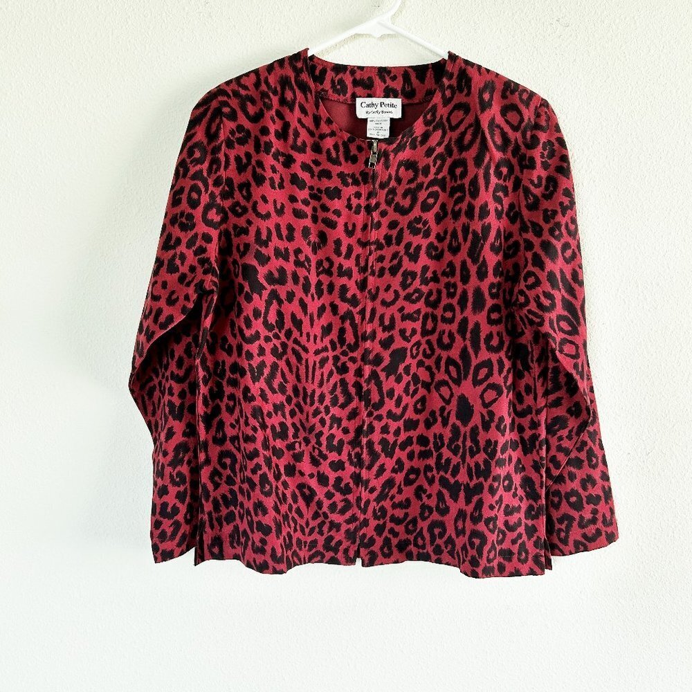 Cathy Daniels Jacket Size Petite S SP Red Black Animal Print Zip Front Suede Vtg